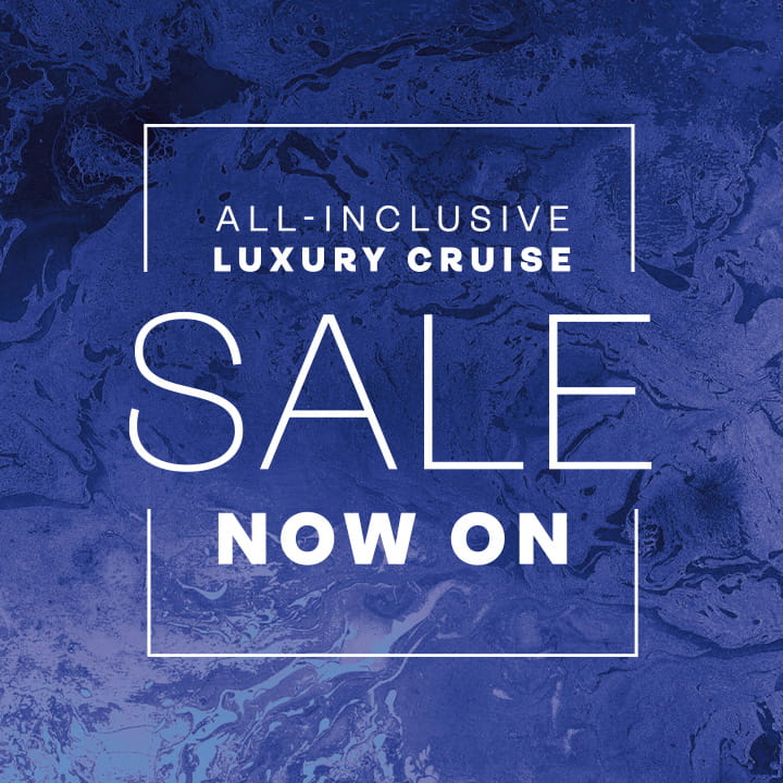 White 'all-inclusive luxury cruise sale now on' text overlaid on a pink marble background
